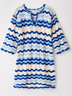 Cartolina Large Phoebe Dress Blue Crochet Wavy Print Beach Coastal Resort